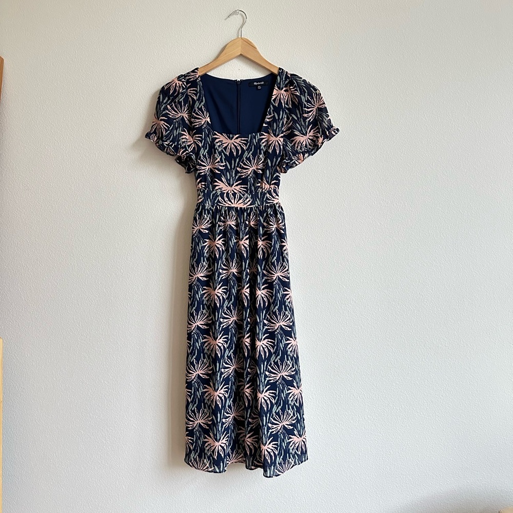 madewell palm tree ruffle sleeve midi dress XXS